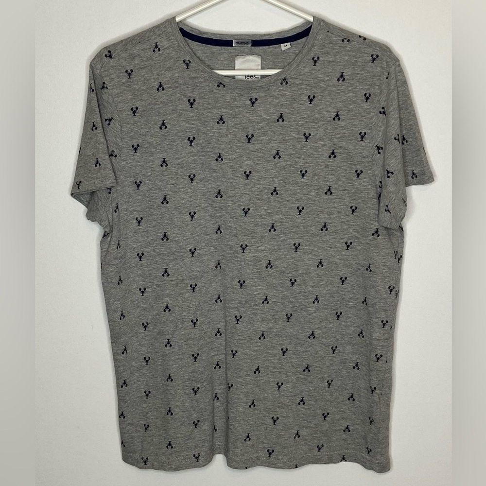 Isle of Tees Mens T-shirt Lobster Print Size M Blue on Grey Heather Short Sleeve